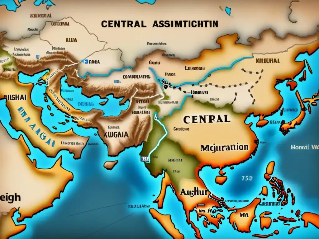 Mapa vintage detallado de Asia Central, rutas migratorias uigures y convergencia cultural