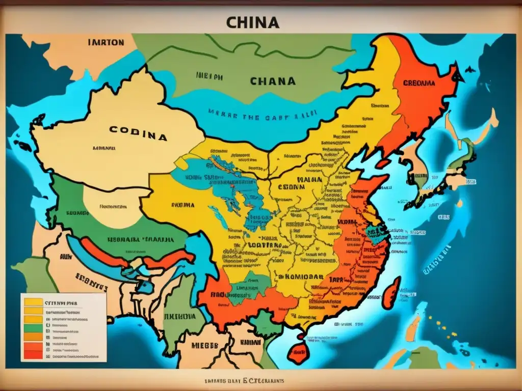 Un mapa vintage detallado de China, resaltando la diversidad cultural y étnica