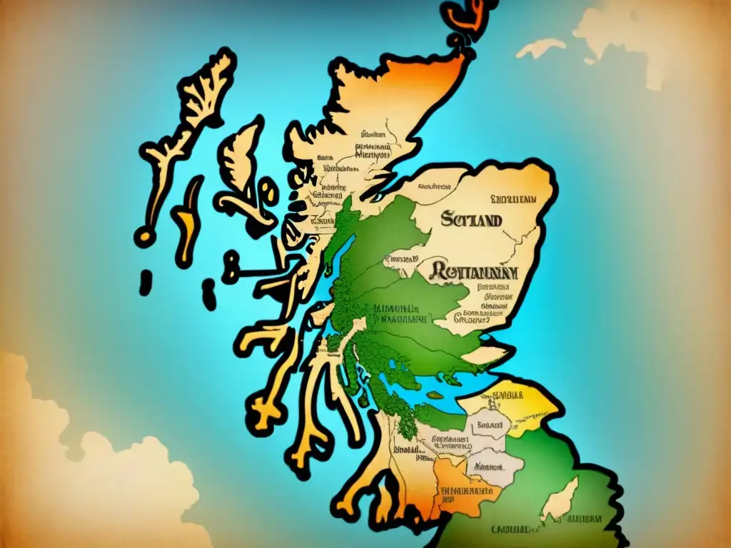 Mapa vintage detallado de Escocia con clanes, tartanes y escudos de armas