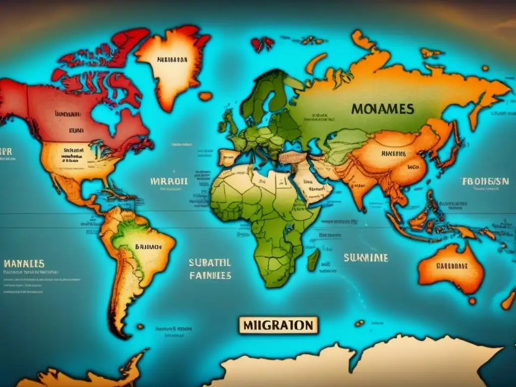 Mapa vintage detallado mostrando migración altera composición apellidos genealogía en continentes, con ilustraciones familiares