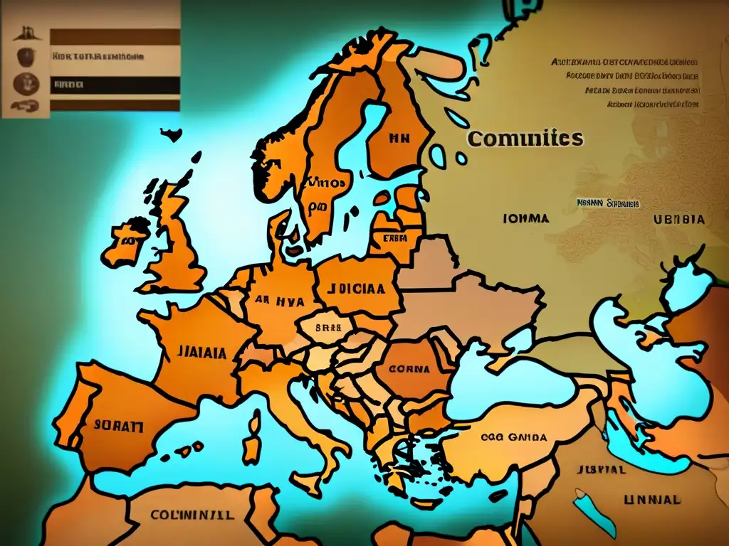 Mapa vintage detallado de Europa del Este con comunidades judías, rutas migratorias, escritura hebrea y monumentos históricos