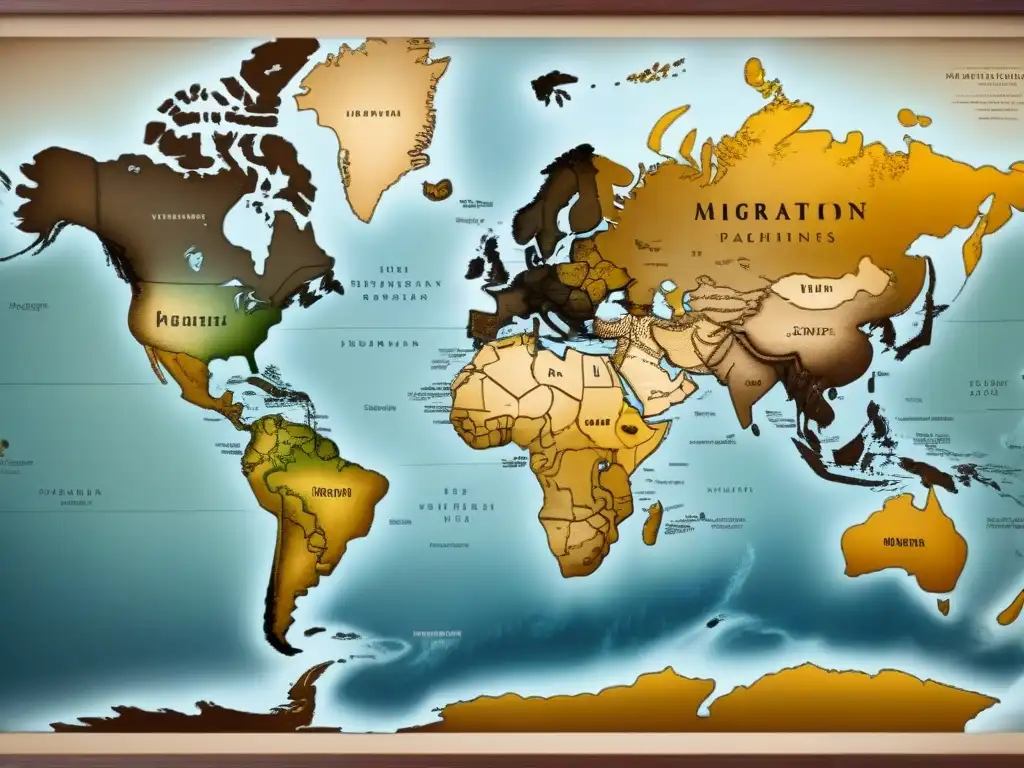 Mapa vintage detallado con conexiones genéticas de apellidos históricos en tonos sepia y dorados