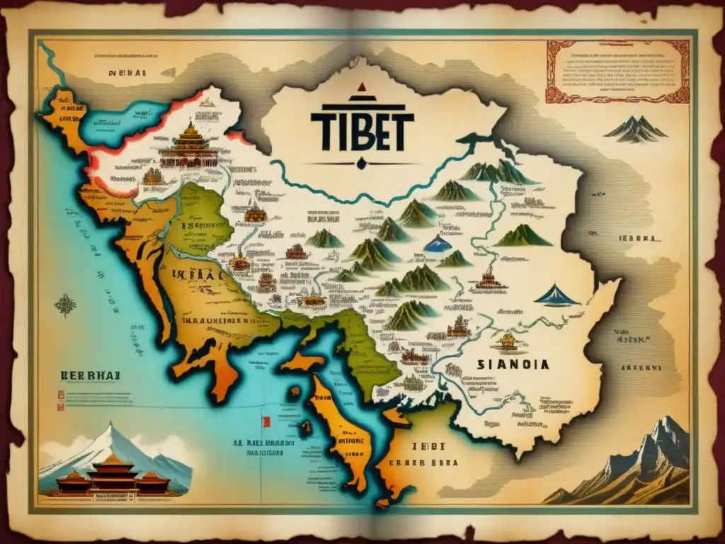 Mapa vintage detallado de Tíbet con cordilleras, ríos y monumentos antiguos, rodeado de símbolos culturales tibetanos