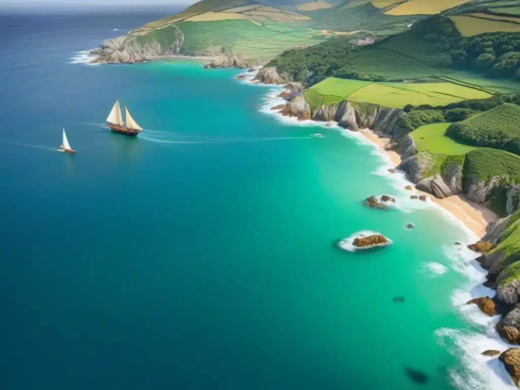 Un mapa vintage detallado de la costa gallega, con barcos navegando y paisajes verdes, que narra la historia del apellido Eiras en Galicia