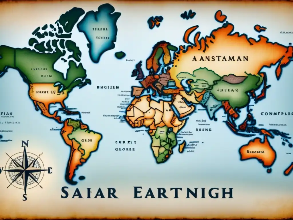 Mapa vintage detallado mostrando la dispersión de apellidos ingleses en el mundo, con caligrafía intrincada y toques históricos