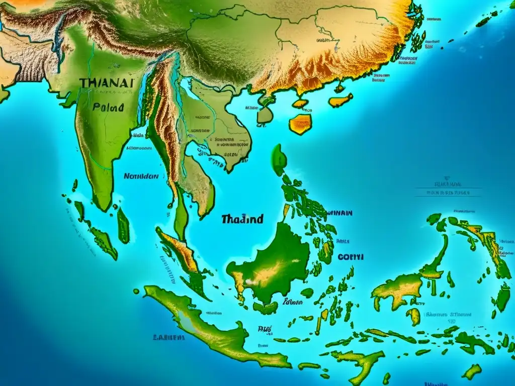 Mapa vintage detallado de Tailandia con distribución de apellidos tailandeses realeza en regiones, caligrafía intrincada y paleta de colores desgastados