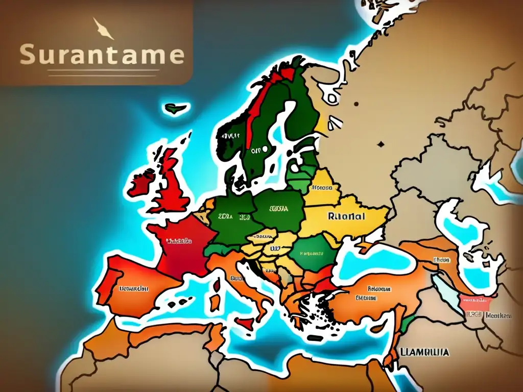 Mapa vintage detallado de Europa con la distribución de apellidos