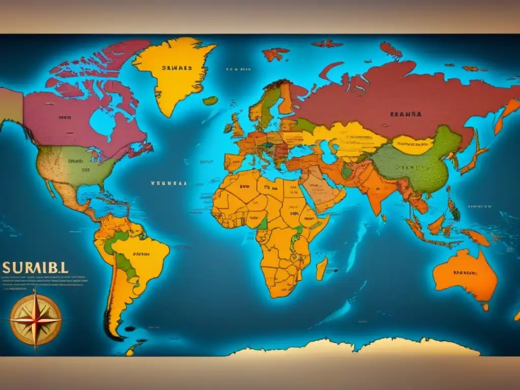 Mapa vintage detallado en 8k mostrando la distribución de apellidos con la letra 'B' en el mundo