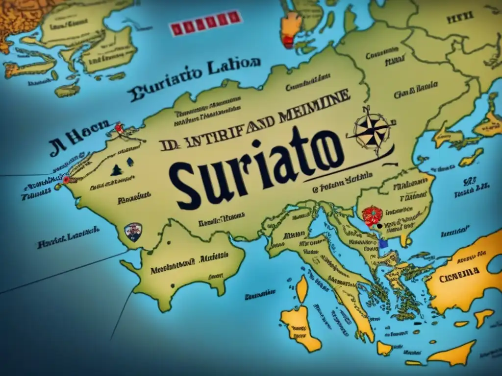 Mapa vintage detallado mostrando la distribución del apellido 'Prieto' con ilustraciones de escudos familiares y lugares históricos
