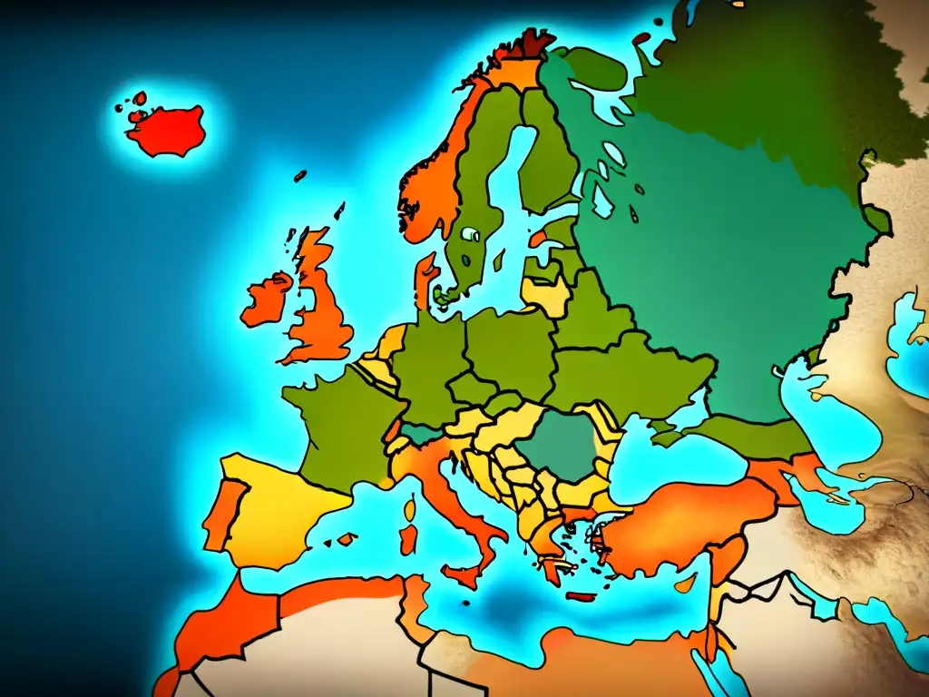 Un mapa vintage detallado de Europa con la distribución de apellidos británicos comunes, en una paleta de colores elegante que evoca historia