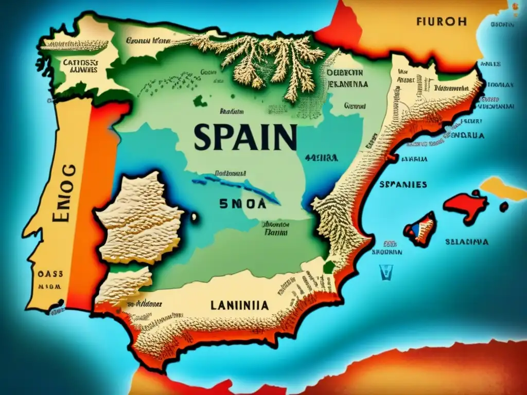 Un mapa vintage detallado de España con elementos históricos que evocan la historia y linaje de la familia Fuentes