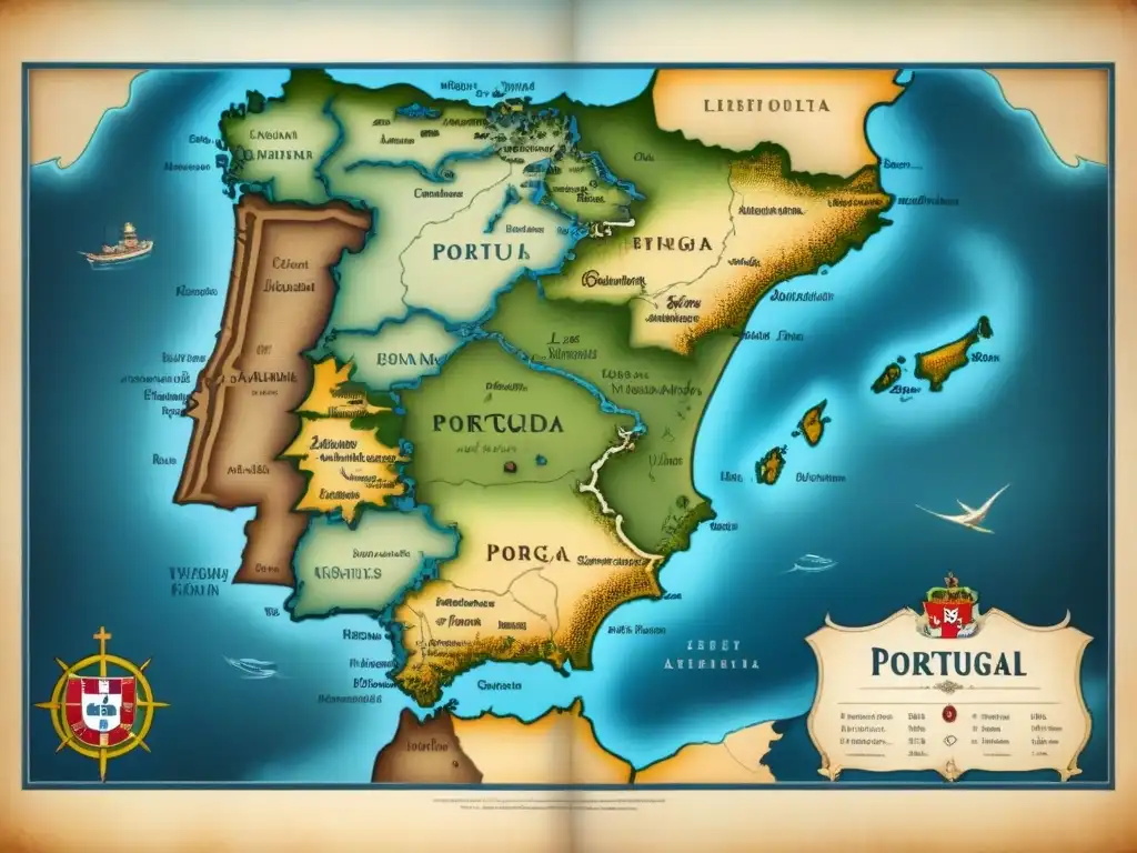 Mapa vintage detallado de Portugal en la Era de los Descubrimientos, con caligrafía elegante y tonos azules y marrones