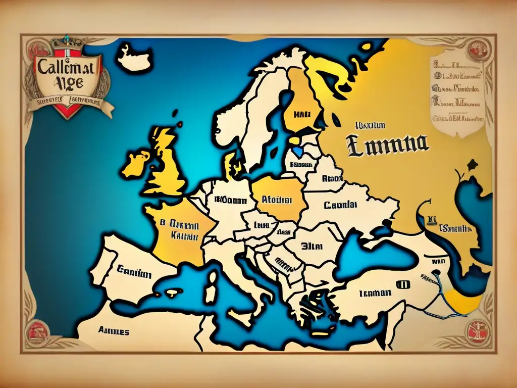 Mapa vintage detallado de Europa medieval con escudos nobiliarios y castillos, evocando el origen de apellidos en la Edad Media