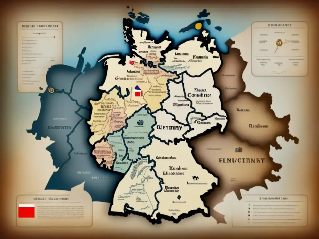 Mapa vintage detallado de Alemania con eventos históricos y soldados, ilustrando la evolución de apellidos alemanes