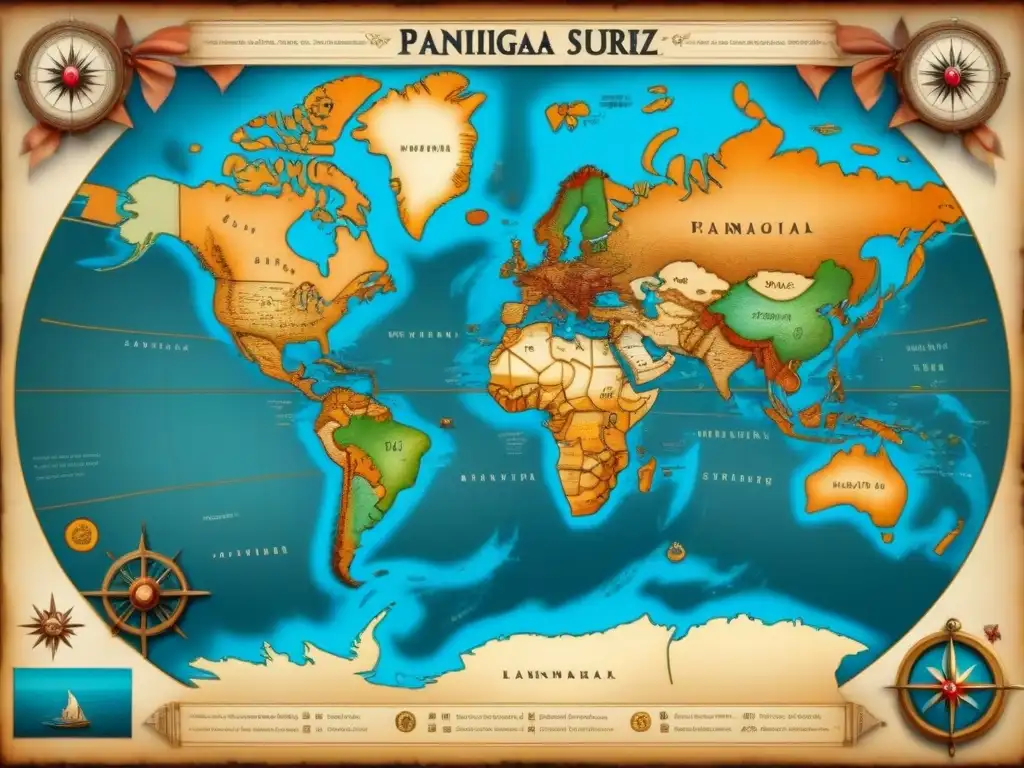 Mapa vintage detallado mostrando la expansión del apellido Paniagua en el Nuevo Mundo, con ilustraciones de barcos y rosa de los vientos