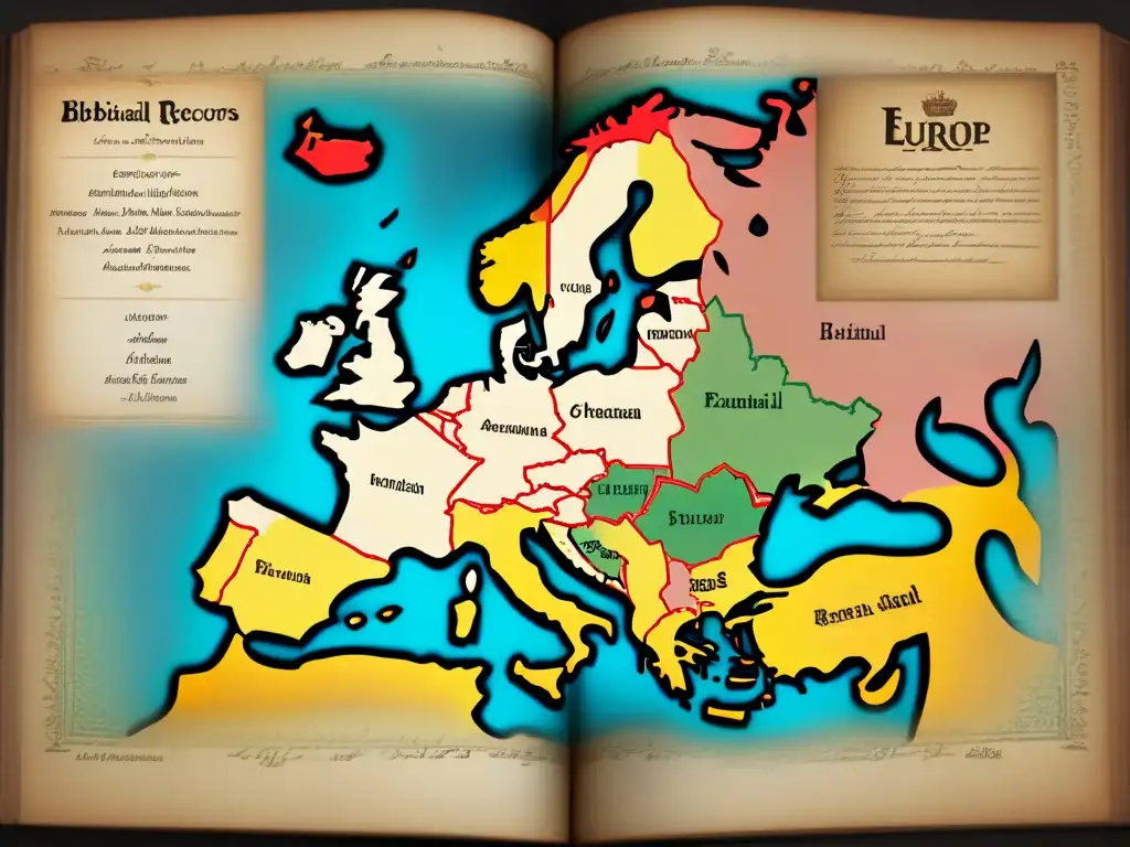 Un mapa vintage detallado de Europa con figuras bíblicas, fuentes bautismales y árboles genealógicos