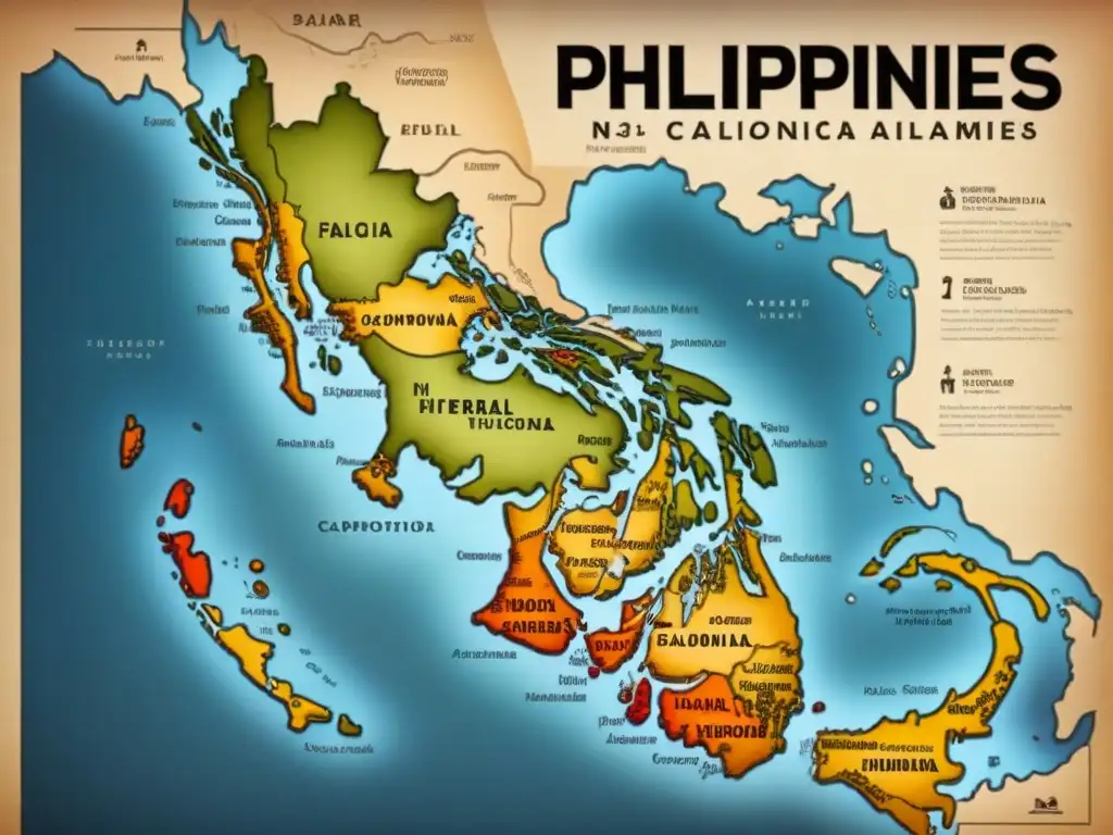 Mapa vintage detallado de Filipinas con influencias coloniales españolas, historia apellidos filipinos legado español