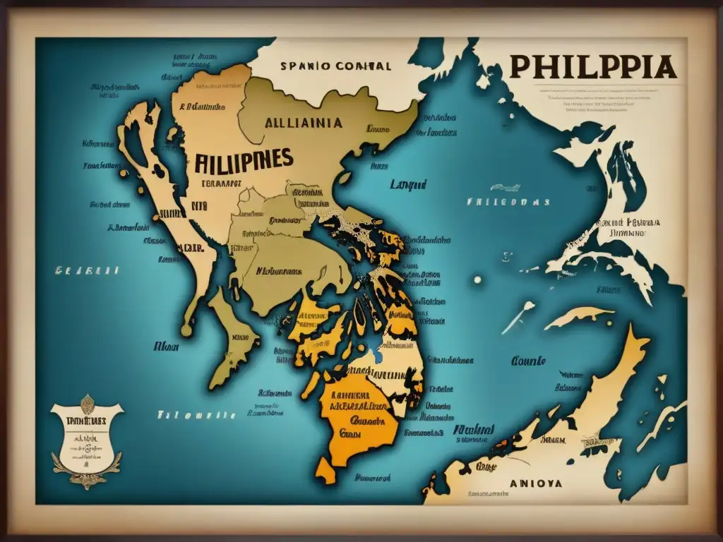 Mapa vintage detallado de Filipinas con influencias coloniales españolas, destacando la evolución de apellidos