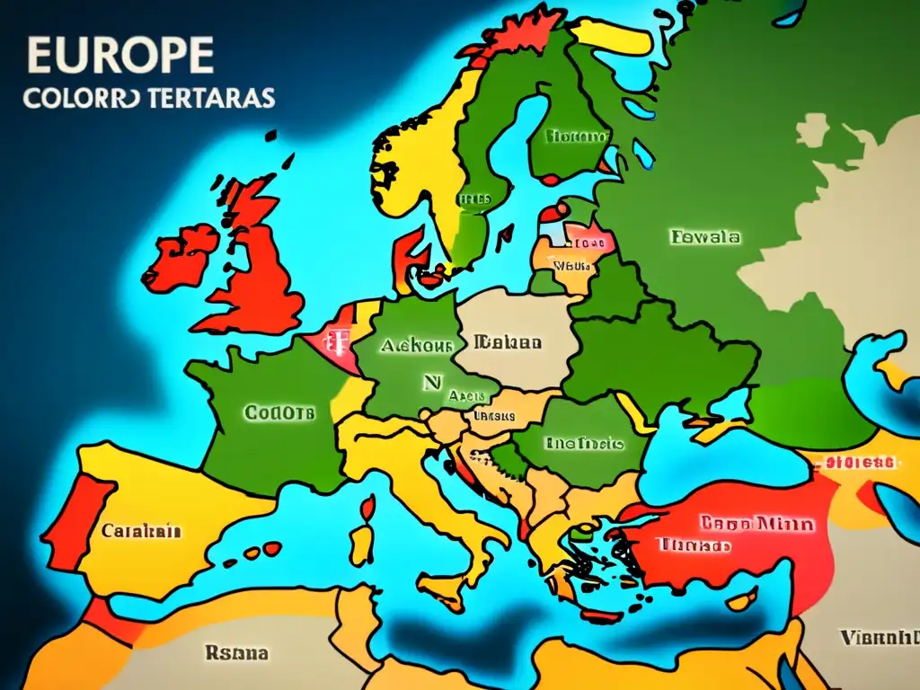 Mapa vintage detallado de Europa con fronteras cambiantes y escudos familiares, ilustrando historia apellidos linajes guerras