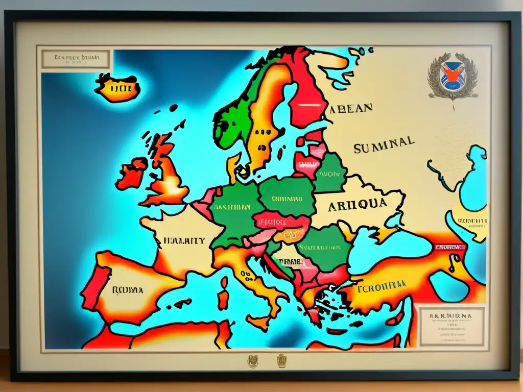 Mapa vintage detallado de Europa con fronteras, ciudades y escudos de familias, distribución mapas apellidos Europa