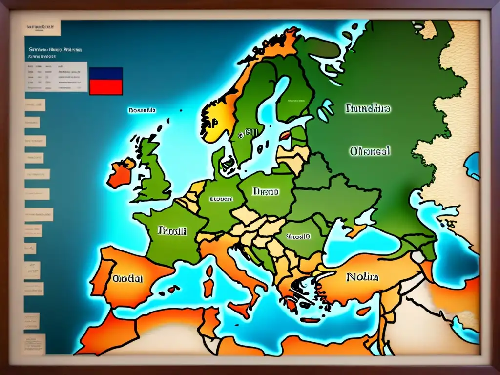 Mapa vintage detallado de Europa, con fronteras y ciudades etiquetadas en caligrafía, ideal para explorar raíces europeas plataformas comparación