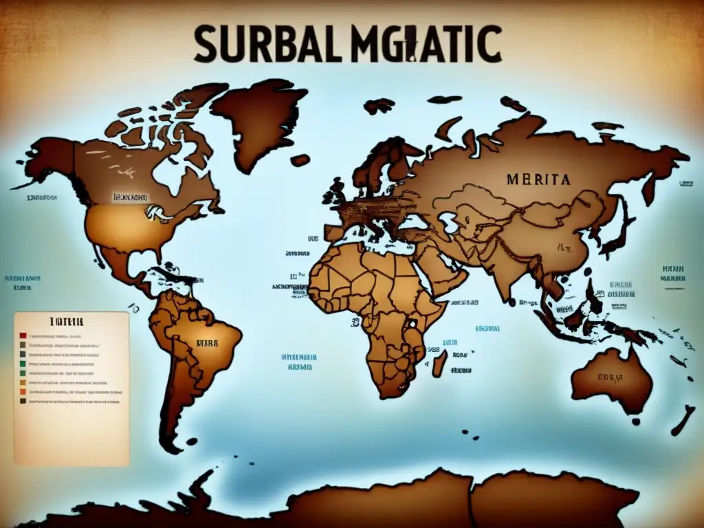 Mapa vintage detallado de la dispersión global de apellidos con T, con caligrafía y tonos sepia, evocando historia y curiosidad académica