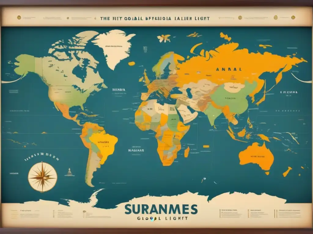 Mapa vintage detallado de la dispersión global de apellidos con K, con colores terrosos y símbolos históricos