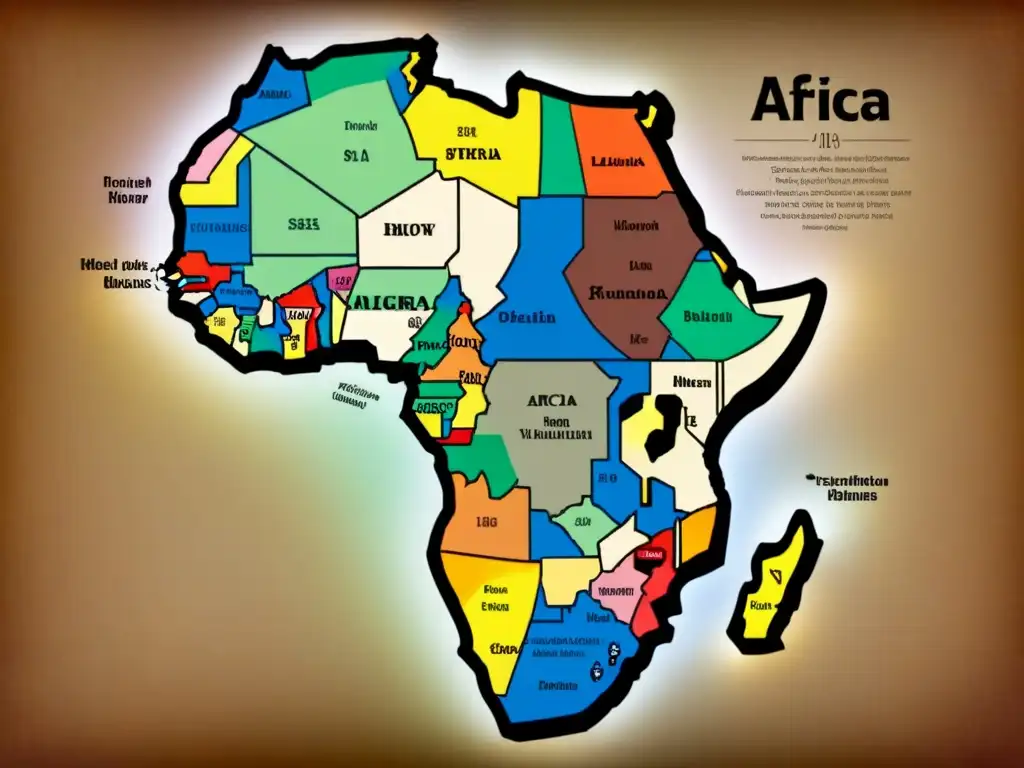 Mapa vintage detallado de África con grupos étnicos y símbolos tradicionales