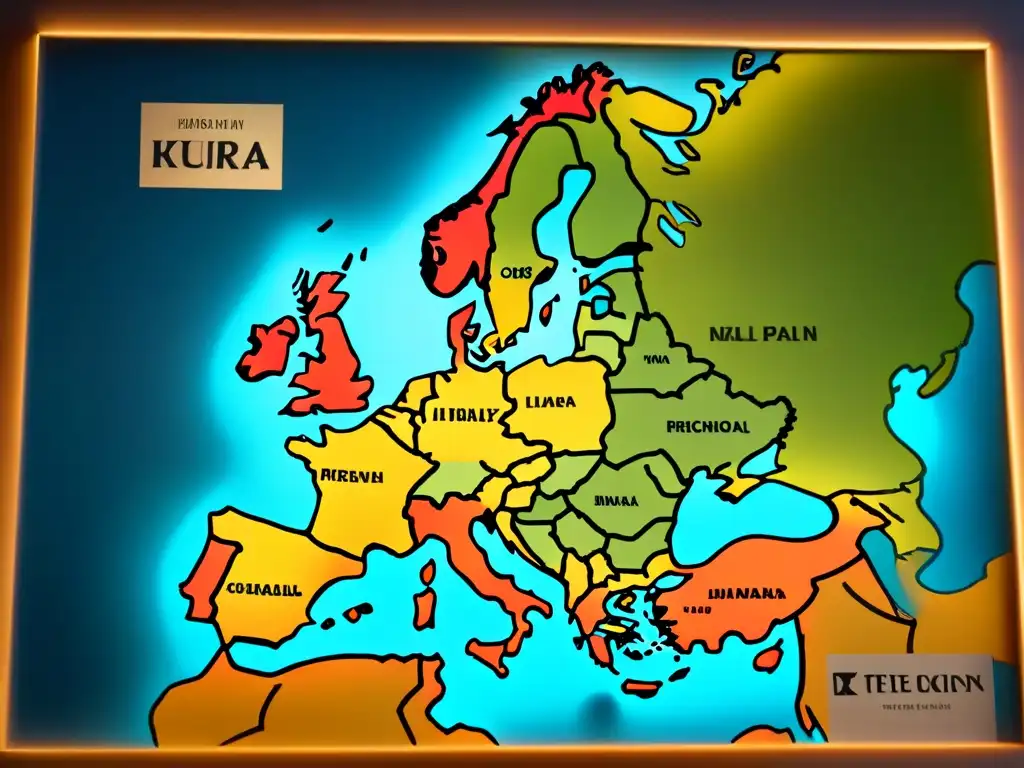 Mapa vintage detallado de Europa con historia de apellidos con K, comerciantes a conquistadores