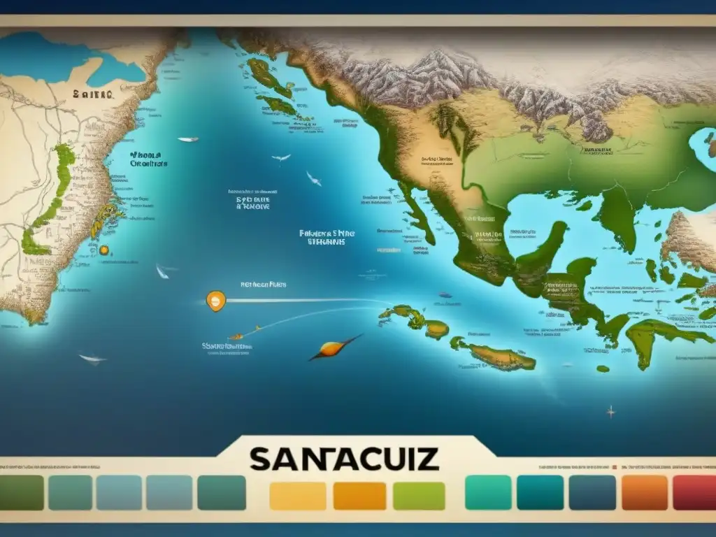 Mapa vintage detallado de la historia del linaje Santacruz, mostrando sus territorios explorados y marcado con senderos e hitos