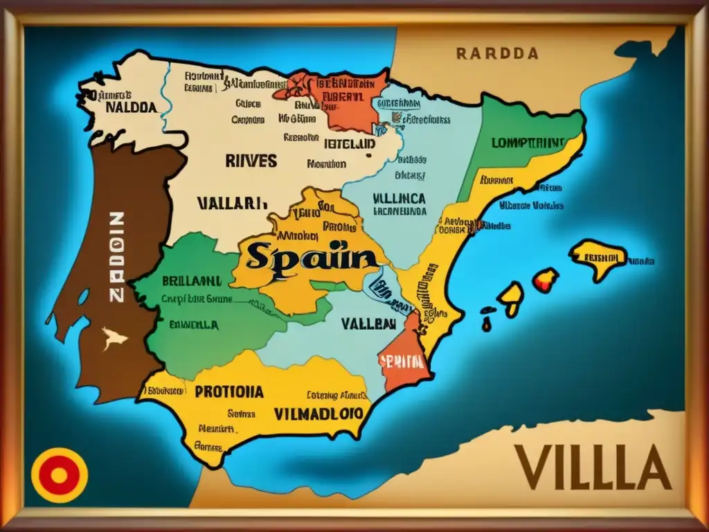 Un mapa vintage detallado de España con Villanueva, Valencia y Valladolid, resaltando historia, linajes y lugares en tonos sepia cálidos