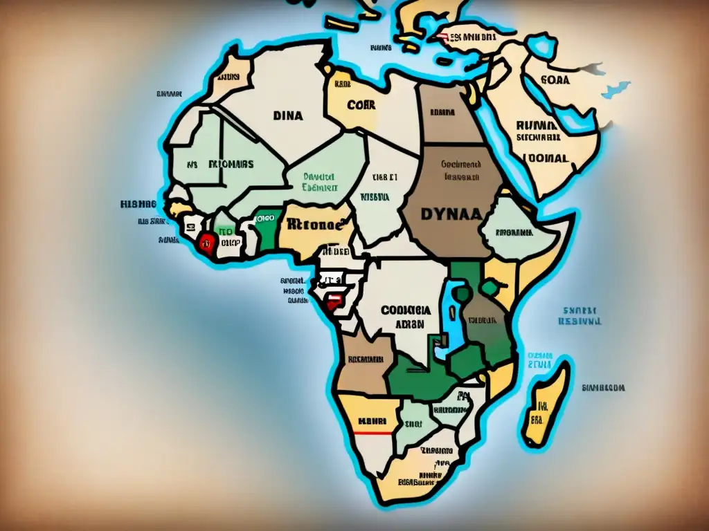 Mapa vintage detallado de África con historia de apellidos y dinastías, coronas y tonos sepia