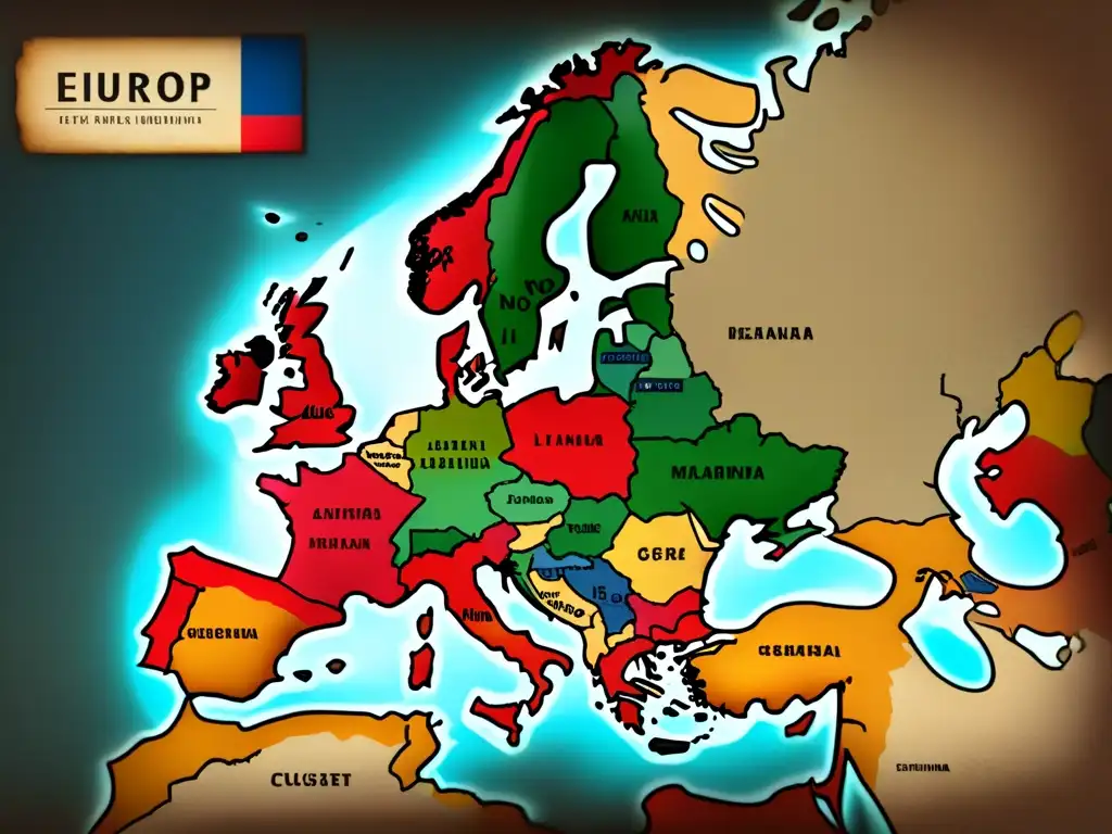 Mapa vintage detallado de Europa con historia de apellidos suizos, tonos sepia y rosa de los vientos ornamentado