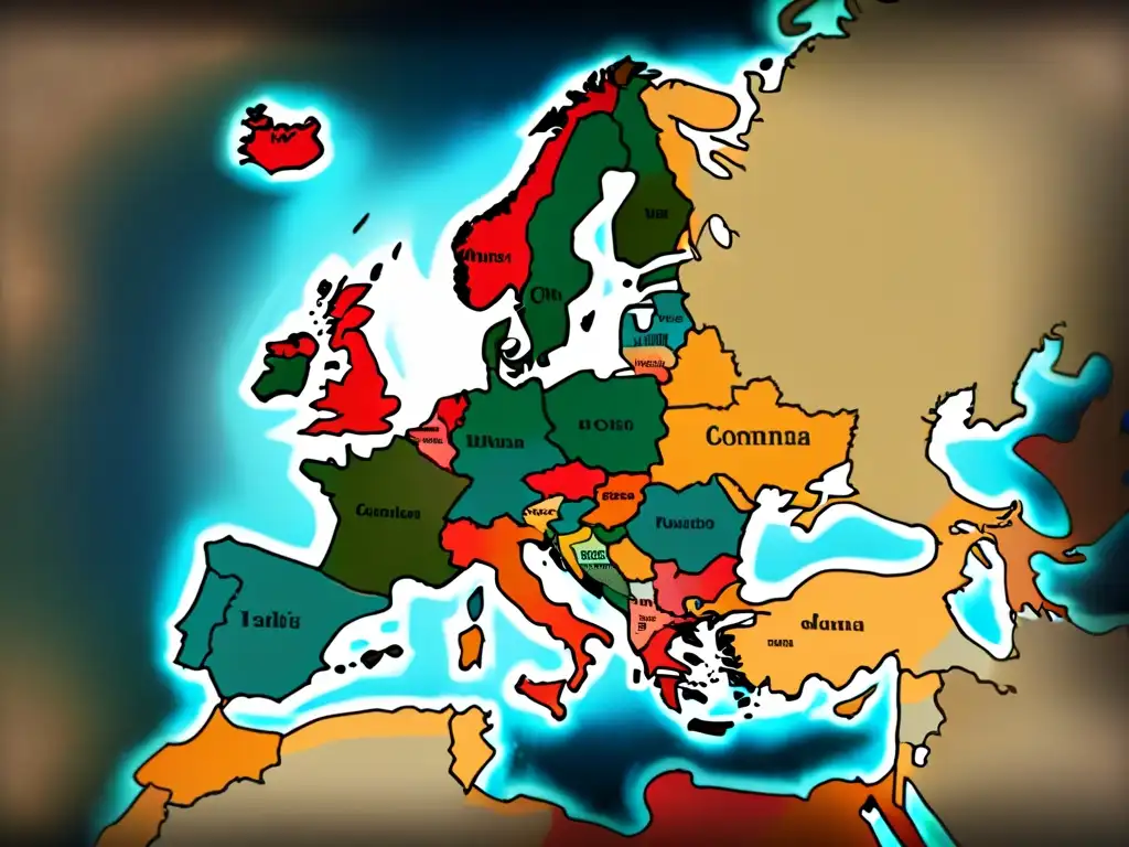 Mapa vintage detallado de Europa con historia de apellidos en Europa en tonos terrosos y tipografía elegante