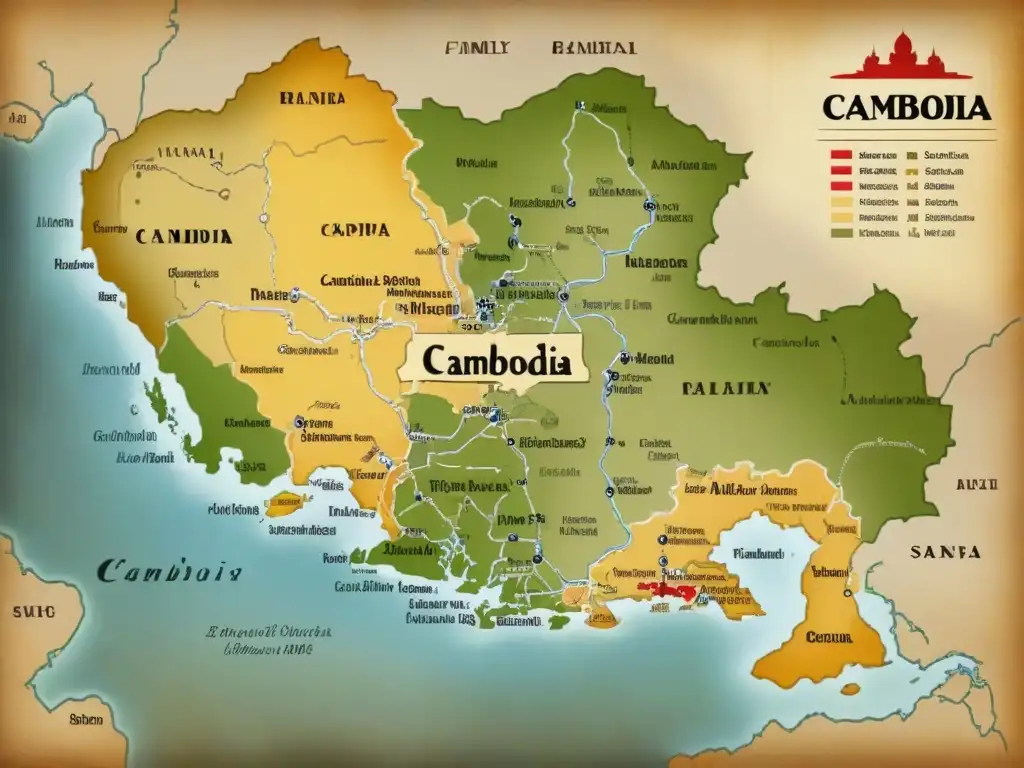 Un mapa vintage detallado de Camboya con historia de apellidos y linajes entrelazados