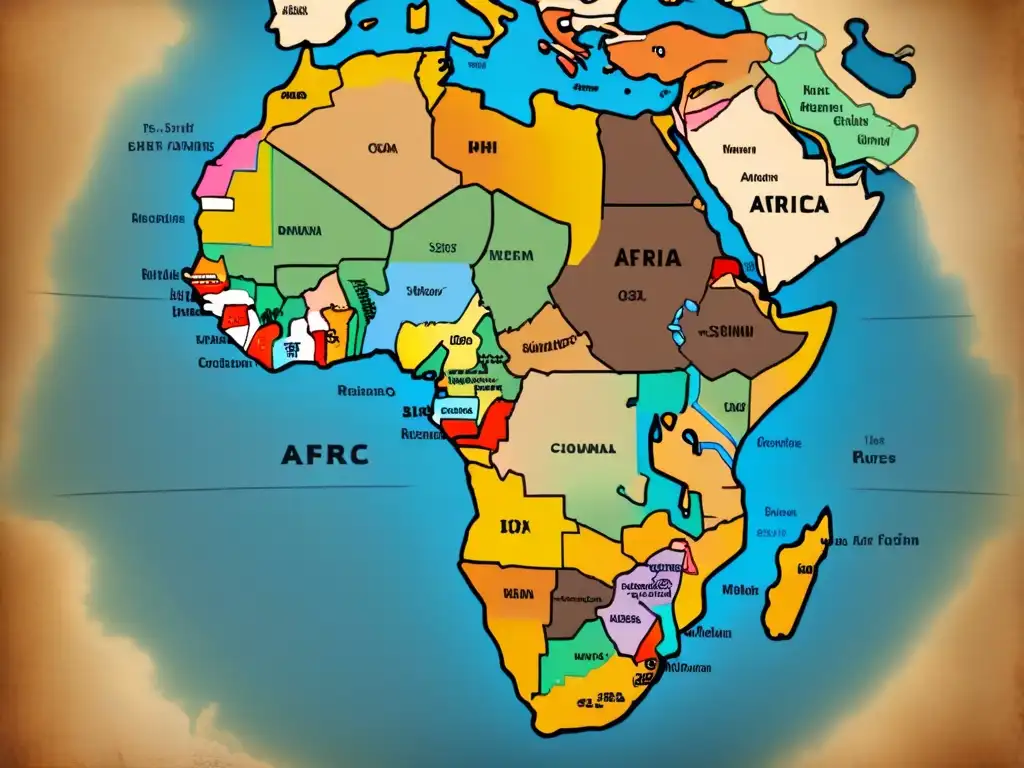 Un mapa vintage detallado de África con historia y apellidos antiguos, desgastado y en tonos sepia