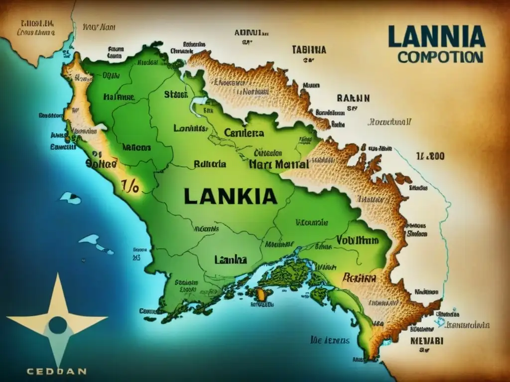 Mapa vintage detallado de Sri Lanka, con historia de apellidos y diversidad étnica, evocando exploración y antigüedad