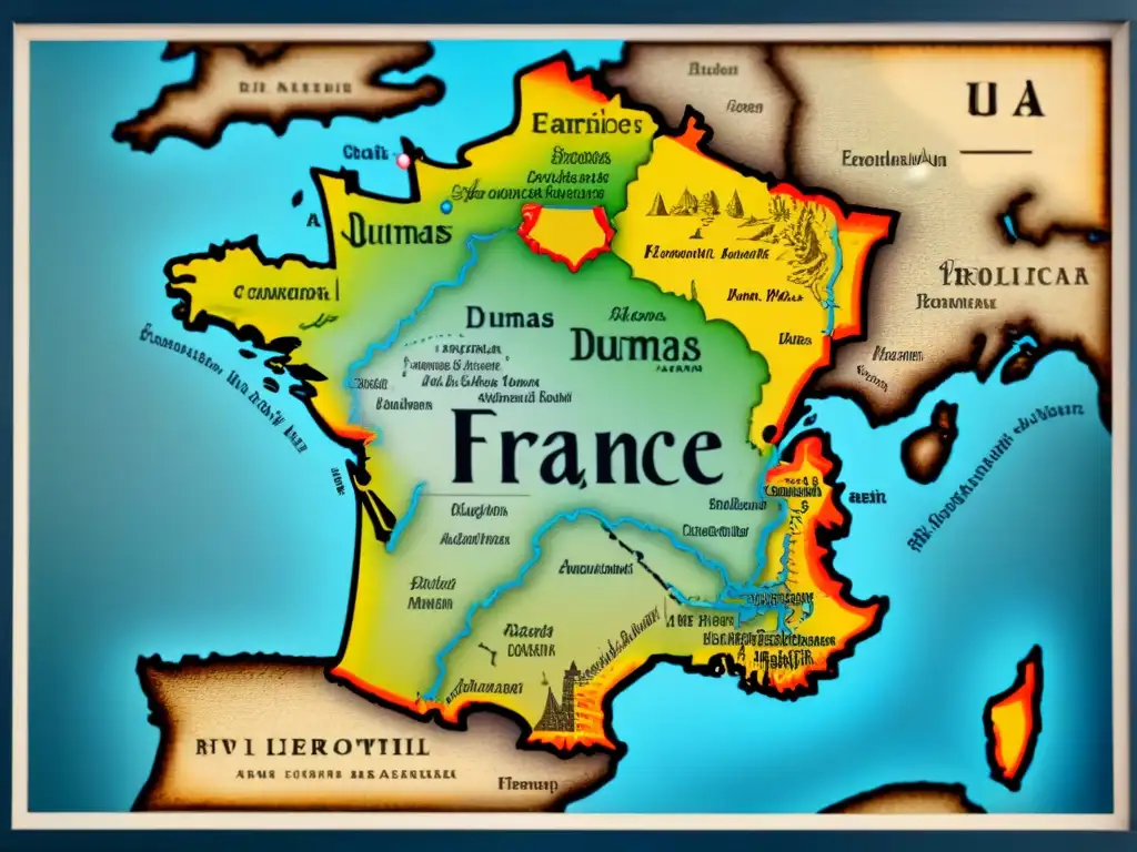 Mapa vintage detallado de Francia con historia del apellido Dumas, marcando conexiones literarias y emblemas de aventura