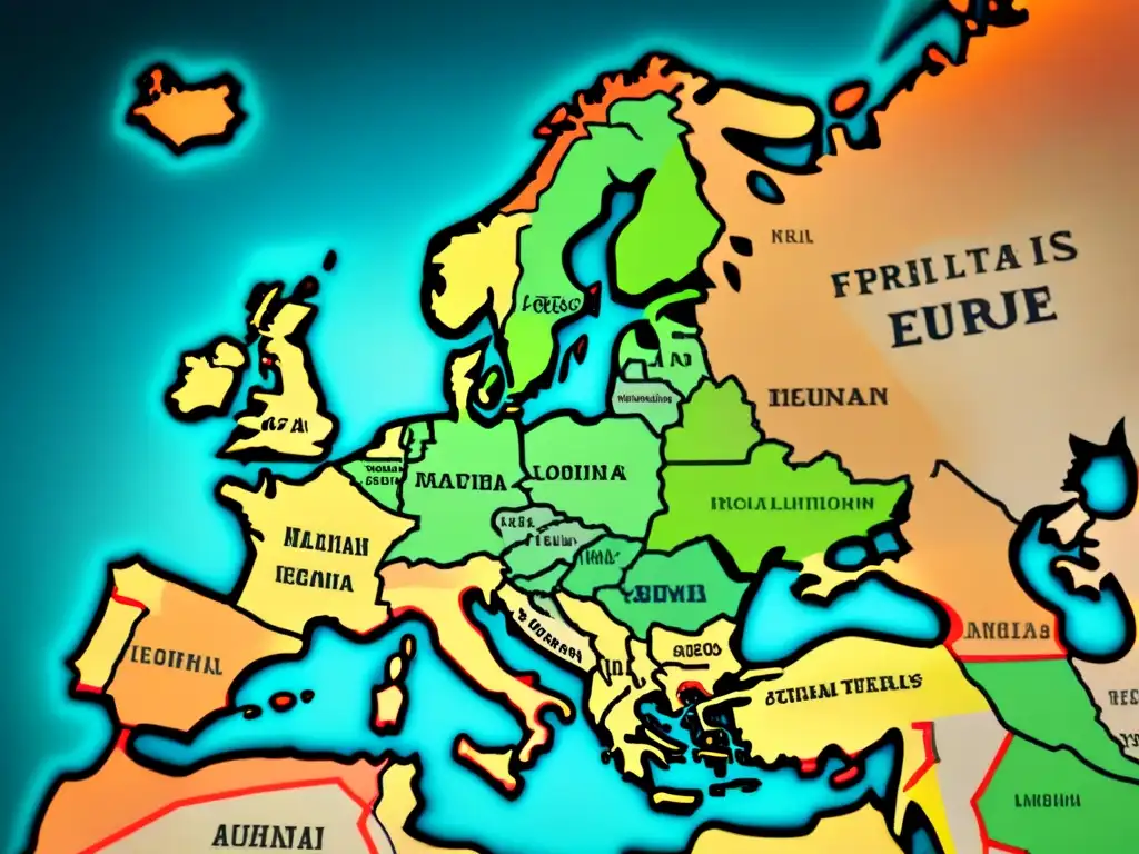 Mapa vintage detallado de Europa con historia de apellidos formación estados nación