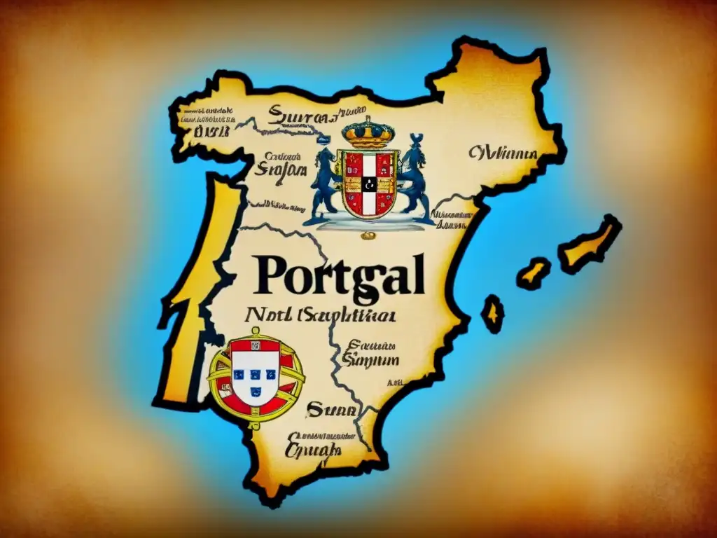 Mapa vintage detallado de Portugal con historia de apellidos portugueses evolución, tonos sepia y detalles medievales