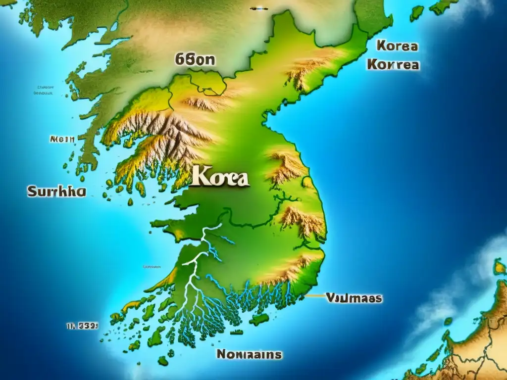 Un mapa vintage detallado de Corea resalta la historia de apellidos coreanos y sus significados a través de caligrafía intrincada