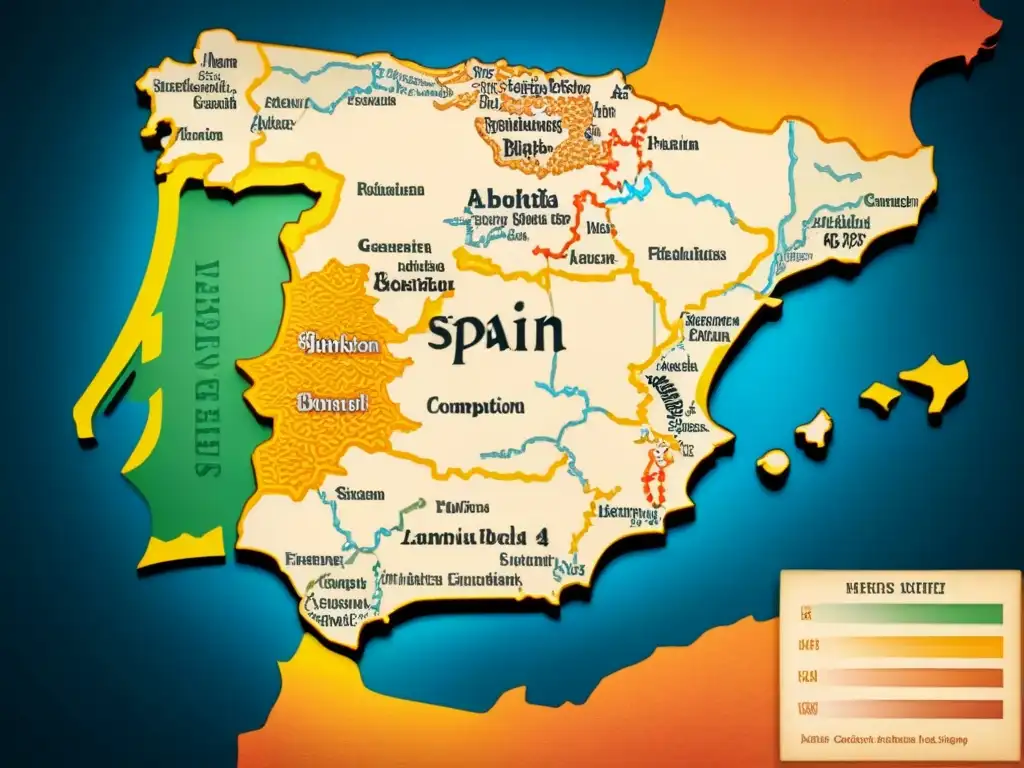 Mapa vintage detallado de España con historia de apellidos Fuentes en caligrafía elegante