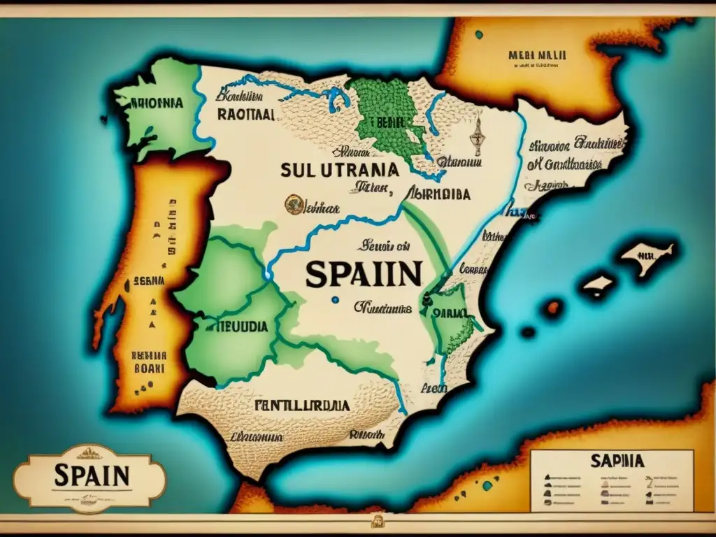 Un mapa vintage detallado de España con historia, apellidos, geografía, linajes y genealogía