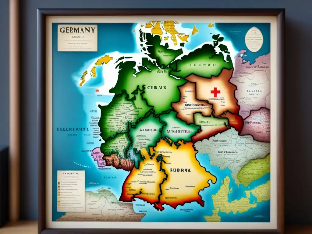 Un mapa vintage detallado de Alemania con historias de apellidos, migraciones y conquistas, enmarcado en oro