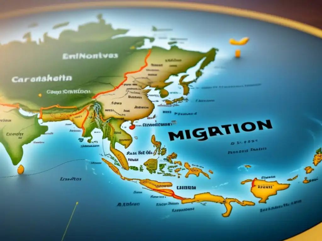 Mapa vintage detallado mostrando historias de apellidos con G, rutas migratorias y puntos clave, con caligrafía antigua