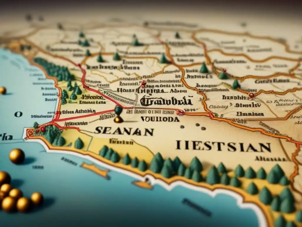 Mapa vintage detallado de la Península Ibérica, rutas migratorias árabes en ciudades como Córdoba, Granada y Sevilla