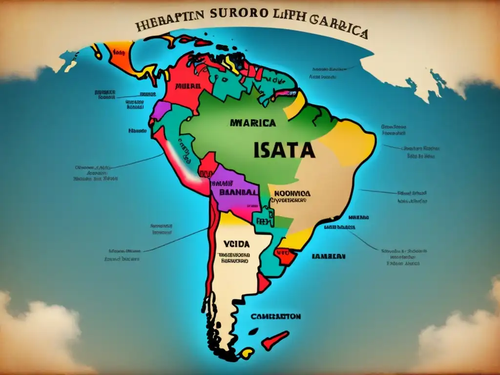 Mapa vintage detallado de Iberoamérica con rutas migratorias de Italia, y árbol genealógico de apellidos comunes con 'I'