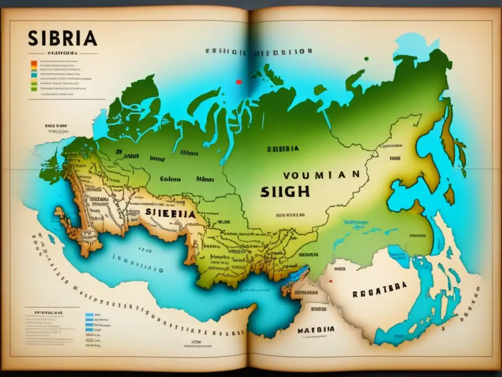 Mapa vintage detallado de Siberia con ilustraciones de hogares tradicionales, patrones intrincados y caligrafía detallada