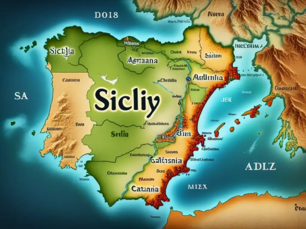 Mapa vintage detallado de Sicilia con ilustraciones de Palermo, Catania y Agrigento, y caligrafía antigua nombrando regiones de apellidos sicilianos