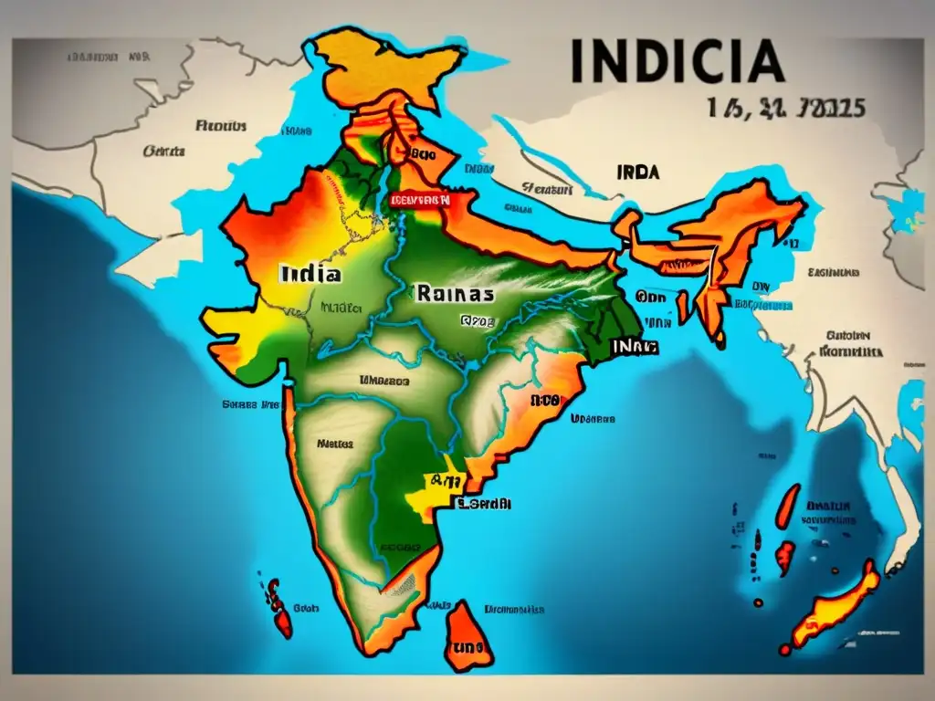 Un mapa vintage detallado de la India resaltando la diversidad de apellidos indios a lo largo de la historia